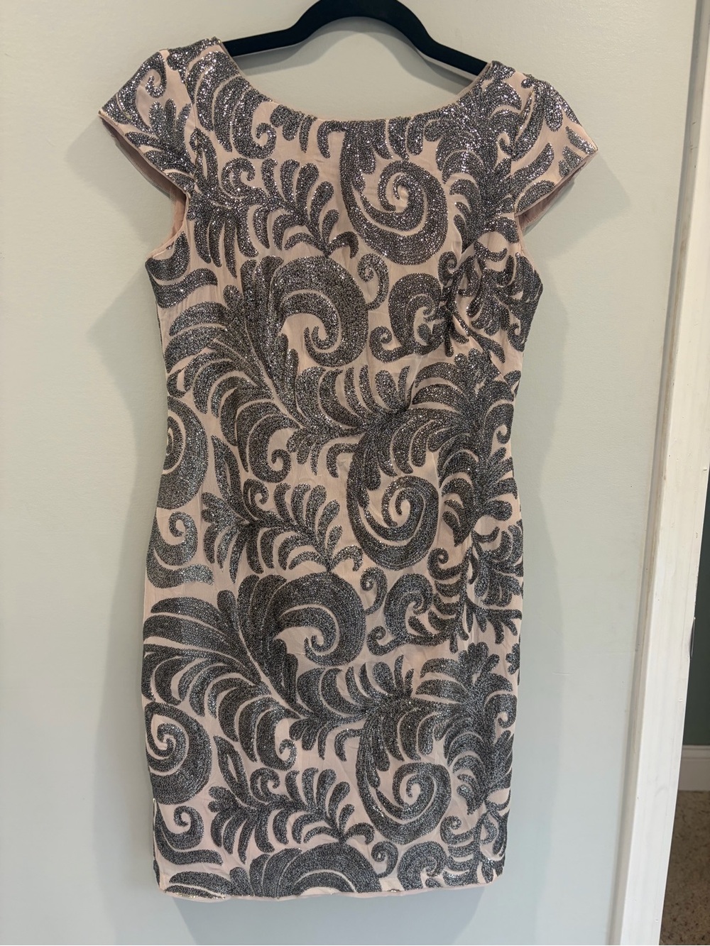 Adrianna Papell Blush Pink Midi Sheath with Silver and CharcoalGlitter Scrolls